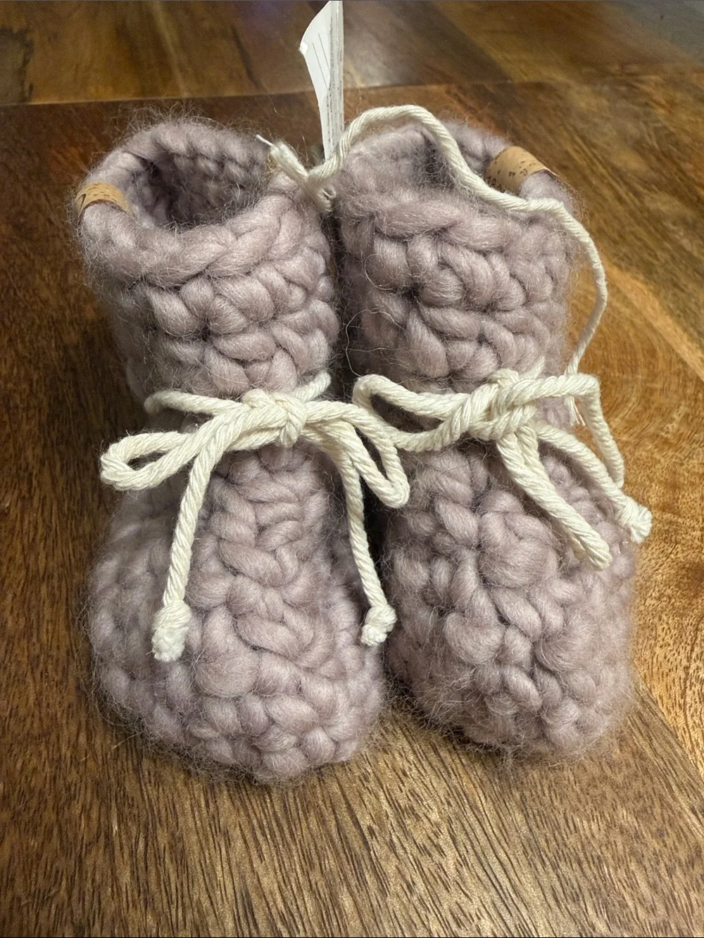 18-24 month Cozy Chunky Knit Pink Kids Slippers with Cream Ties
